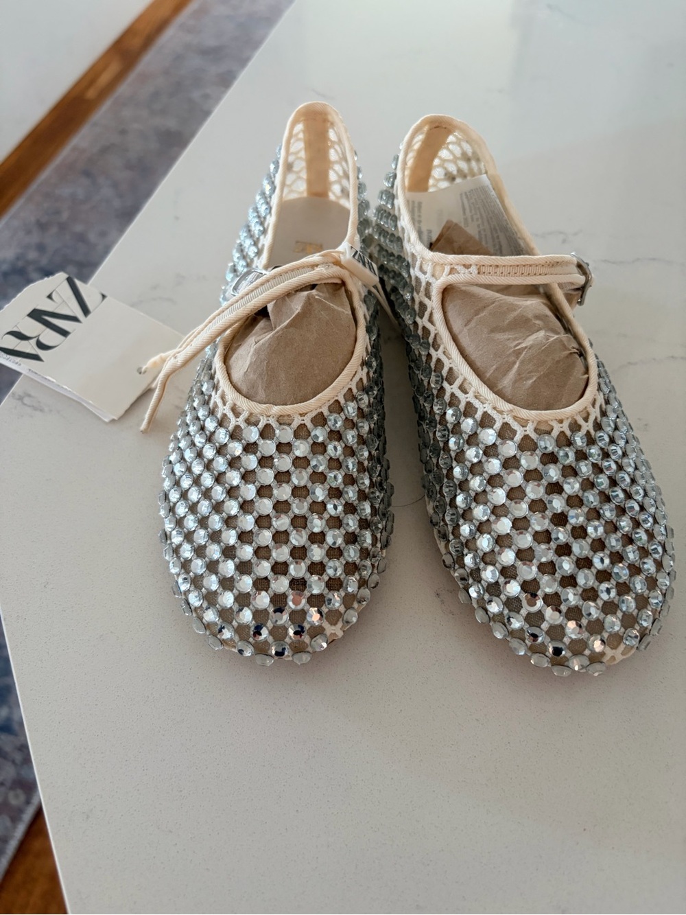 Zara Silver Crystal Mesh Mary-Jane Flats